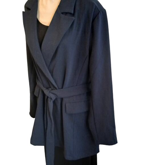 Standards & Practices Blazer Trench Sz 2X Navy Blue Long Coat Jacket Wrap Modern - Picture 3 of 15